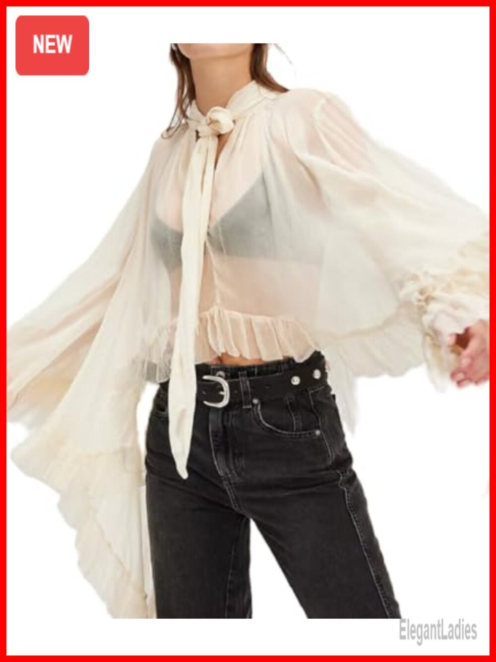 Sheer Chiffon Ruffle Trim Blouse Self Tie Neck Tunic Top